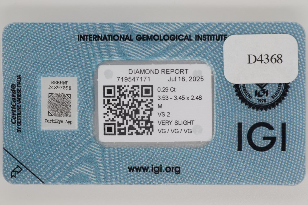 沒有保留價 - 1 pcs 鑽石 (天然) - 0.29 ct - 枕形 - VS2 - 國際寶石學院(International Gemological Institute (IGI)) #3.2