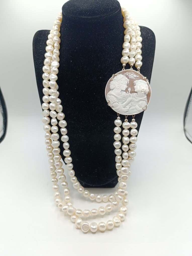 Ασημί, φυσικές μαργαριτούλες, φυσικό σαρδονικό καμέο - Κολιέ #3.2