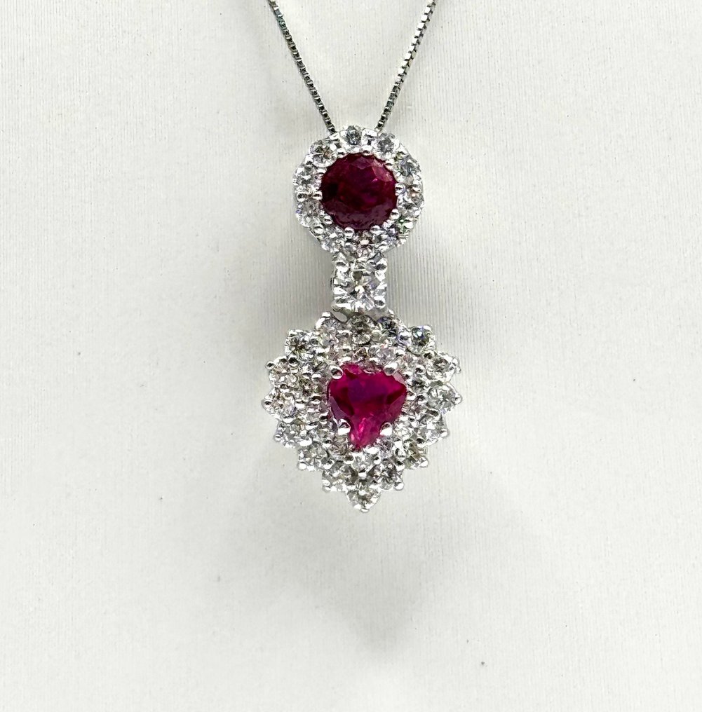 吊墜頸鏈 - 18 克拉 白金 -  1.80ct. tw. 紅寶石 - 鉆石 #1.0