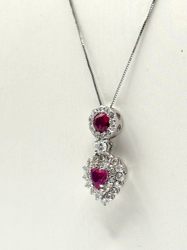 吊墜頸鏈 - 18 克拉 白金 -  1.80ct. tw. 紅寶石 - 鉆石 #3.2
