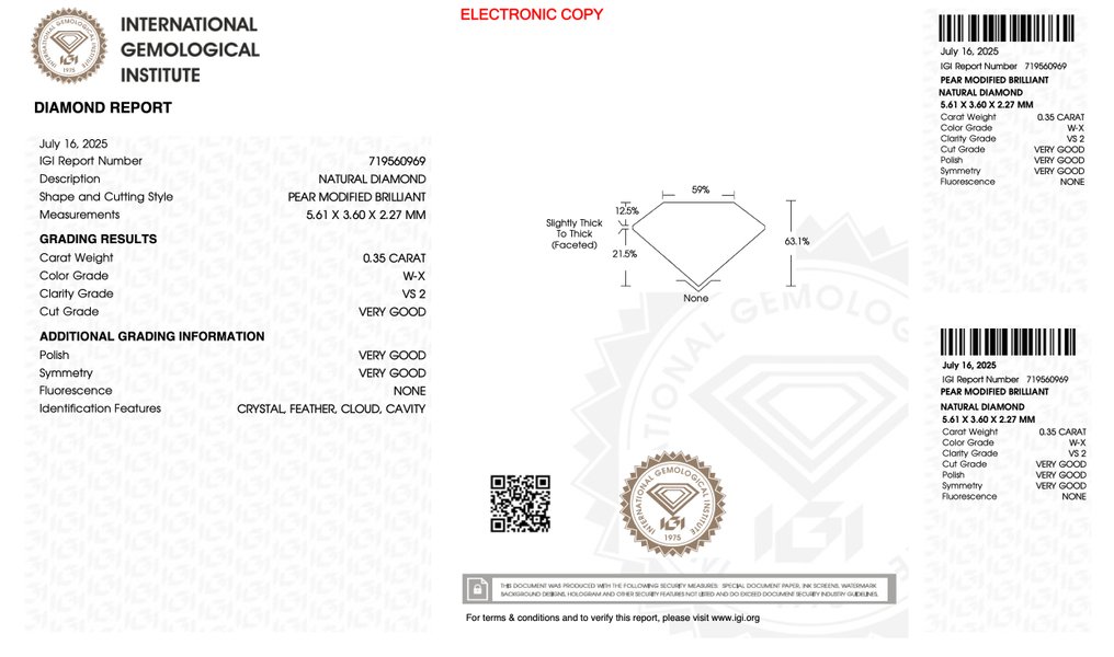 Fără preț de rezervă - 1 pcs Diamant (Natural) - 0.35 ct - Pară - VS2 - IGI (Institutul gemologic internațional) #4.3
