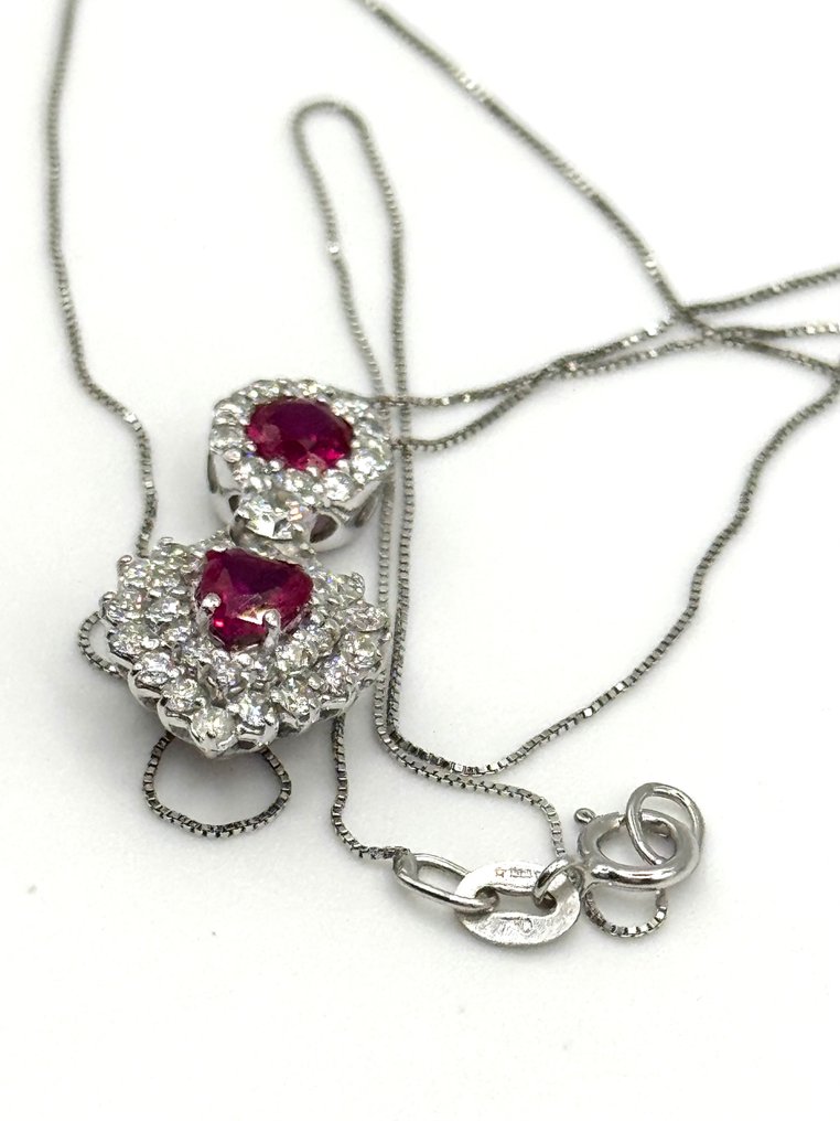 吊墜頸鏈 - 18 克拉 白金 -  1.80ct. tw. 紅寶石 - 鉆石 #2.1