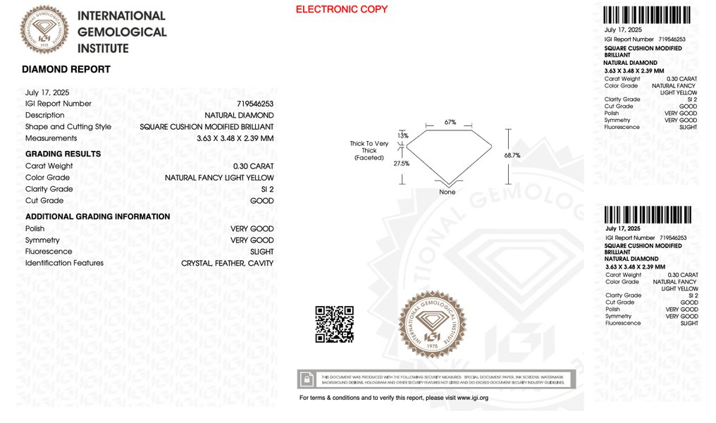 沒有保留價 - 1 pcs 鑽石 (天然彩色) - 0.30 ct - 枕形 - Fancy light 黃色 - SI2 - 國際寶石學院(International Gemological Institute (IGI)) #4.3