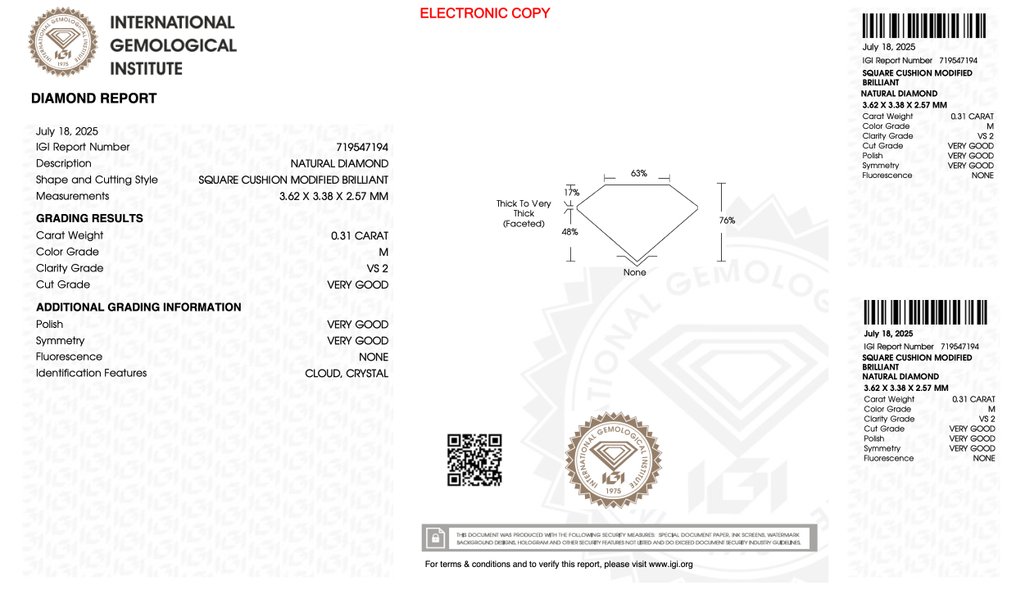 Fără preț de rezervă - 1 pcs Diamant  (Natural)  - 0.31 ct - Perniță - VS2 - IGI (Institutul gemologic internațional) #4.3
