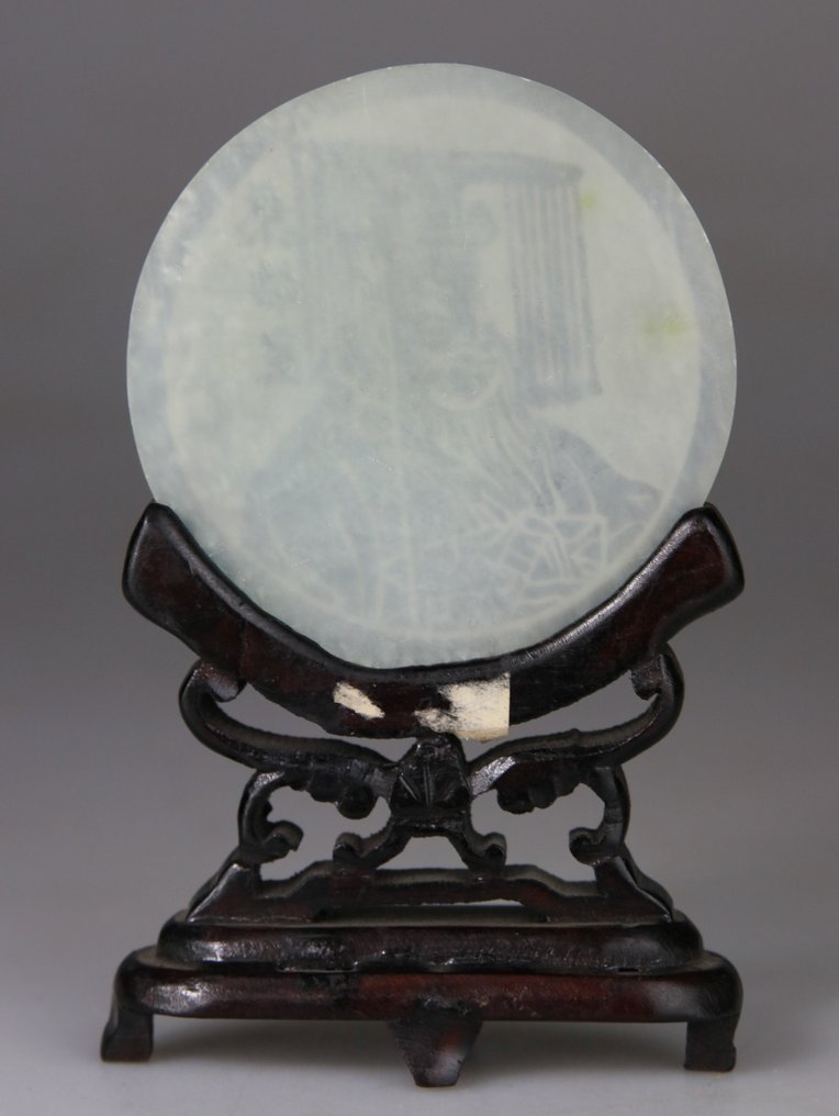 Piastra - pendente con schermo in pietra dura - base in legno. - Giada, Giada nefrite - Cina - XX secolo #3.2