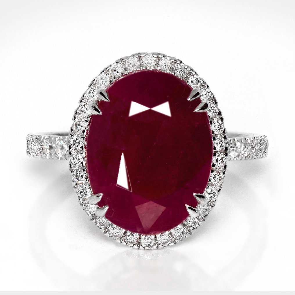 沒有保留價 - 戒指 - 14 克拉 白金, IGI 6.35 克拉未加热紫红色 - 6.86ct. tw. 紅寶石 - 鉆石 #1.0