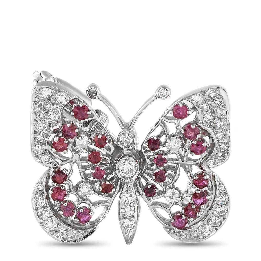 Brooch - 14 kt. 14K White Gold 0.65ct Diamond and Ruby Butterfly Brooch, White gold -  1.15ct. tw. Diamond (Natural)  - Ruby #3.2