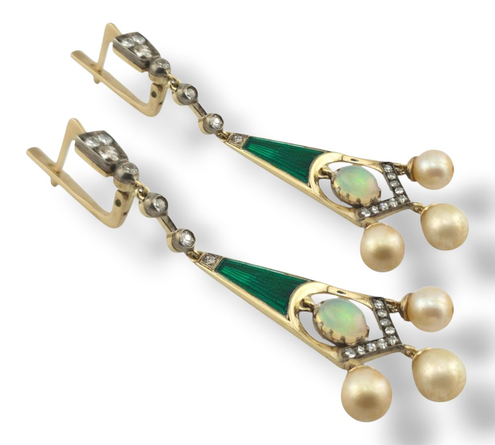 Σκουλαρίκια - 14 καράτια Κίτρινο χρυσό, Βασιλικό ρωσικό, 56 χρυσό, διαμάντι 1,50 καρατίων, σμάλτο, σκουλαρίκια - 1.50ct. tw. #4.3