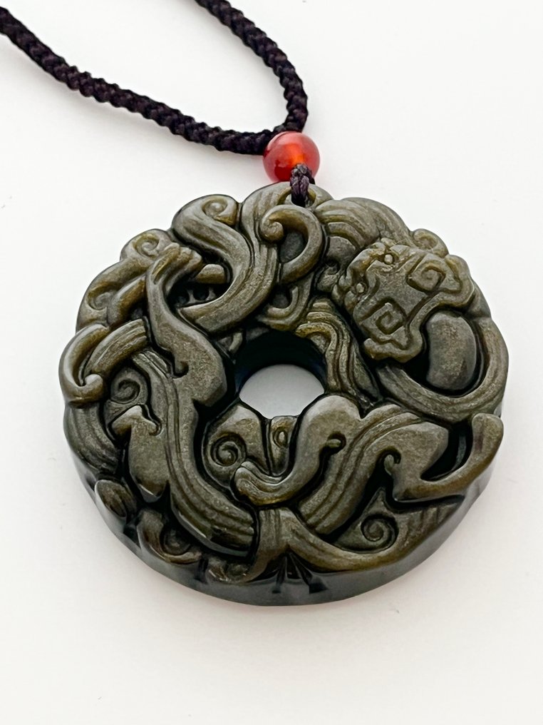 Pendant made of golden obsidian with a double Pixiu. - Talisman #3.2