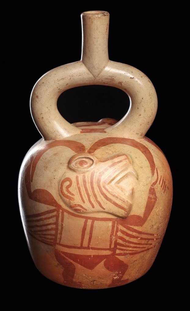莫切马镫嘴瓶，带有拟兽翼神——秘鲁 陶器 船只 - 24 cm #3.2