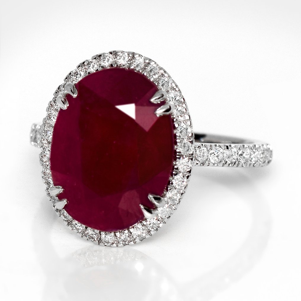 沒有保留價 - 戒指 - 14 克拉 白金, IGI 6.35 克拉未加热紫红色 - 6.86ct. tw. 紅寶石 - 鉆石 #2.1