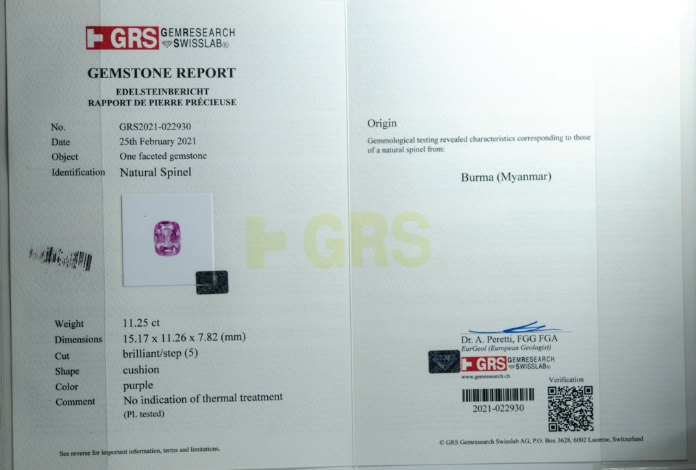 Lilla Spinel  - 11.25 ct - Gem Research Swisslab (GRS) #4.3