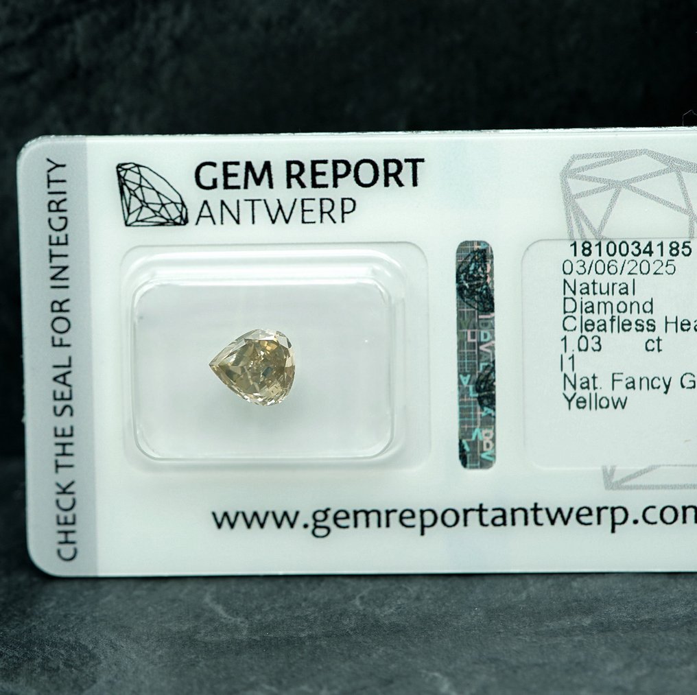 1 pcs Timantti  (Luonnonvärinen)  - 1.03 ct - Sydän - Fancy Harmahtava Keltainen - I1 - Jalokivitodistus, Antwerpen (GRA) #3.2