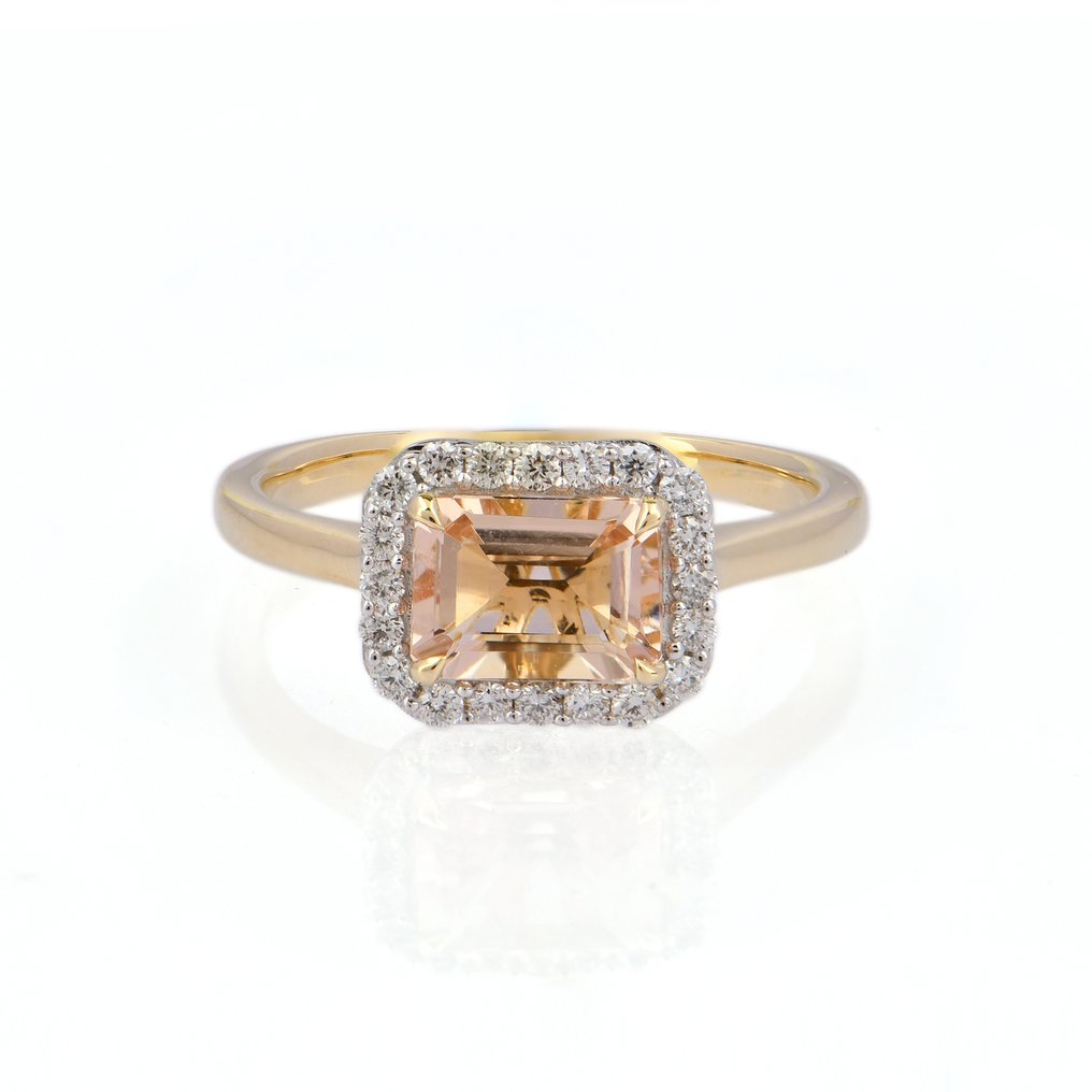 Ring - 14 kt. Yellow gold - 1.83ct. tw. Morganite - Diamond - Halo Ring #1.0