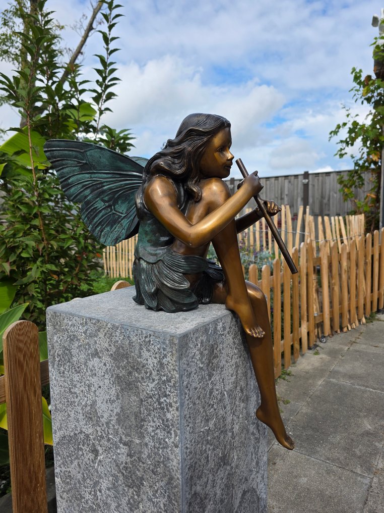 Statue, XL Bronze Fairy with Flute - 56 cm - Bronze #3.2