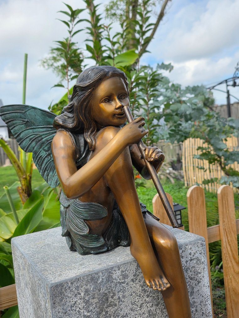 Statue, XL Bronze Fairy with Flute - 56 cm - Bronze #2.1