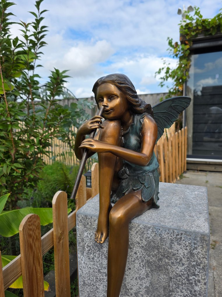 Statue, XL Bronze Fairy with Flute - 56 cm - Bronze #4.3