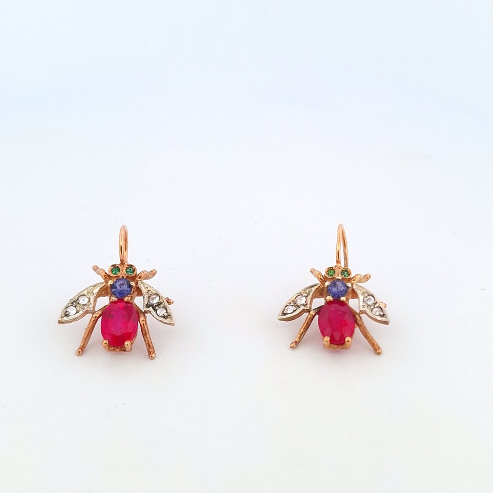 No reserve price - Earrings - 9 kt. Silver, Rose gold Ruby - Diamond #1.0