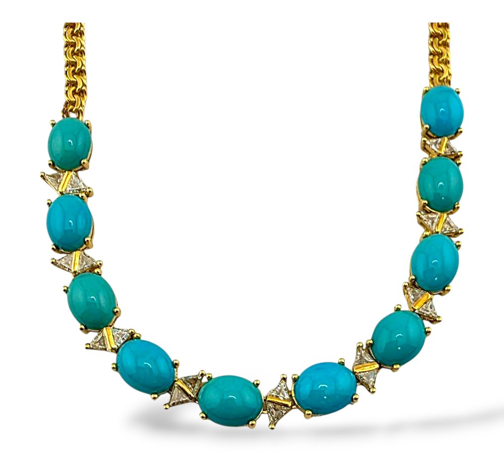 Κολιέ - 18 καράτια Κίτρινο χρυσό, Κολιέ από 18K κίτρινο χρυσό με τουρκουάζ και διαμάντι σε σχήμα τριγώνου 0,54 καρατίων. -  0.54ct. tw. Διαμάντι (Φυσικό)  #1.0