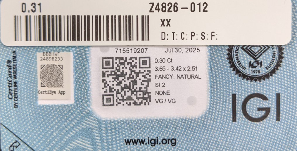 1 pcs Diamant  (Couleur naturelle)  - 0.30 ct - Rectangle - Fancy intense Rosâtre Mauve - SI2 - International Gemological Institute (IGI) #3.2
