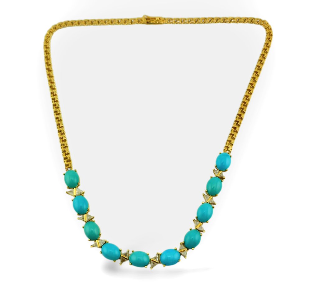 Κολιέ - 18 καράτια Κίτρινο χρυσό, Κολιέ από 18K κίτρινο χρυσό με τουρκουάζ και διαμάντι σε σχήμα τριγώνου 0,54 καρατίων. -  0.54ct. tw. Διαμάντι (Φυσικό)  #1.0