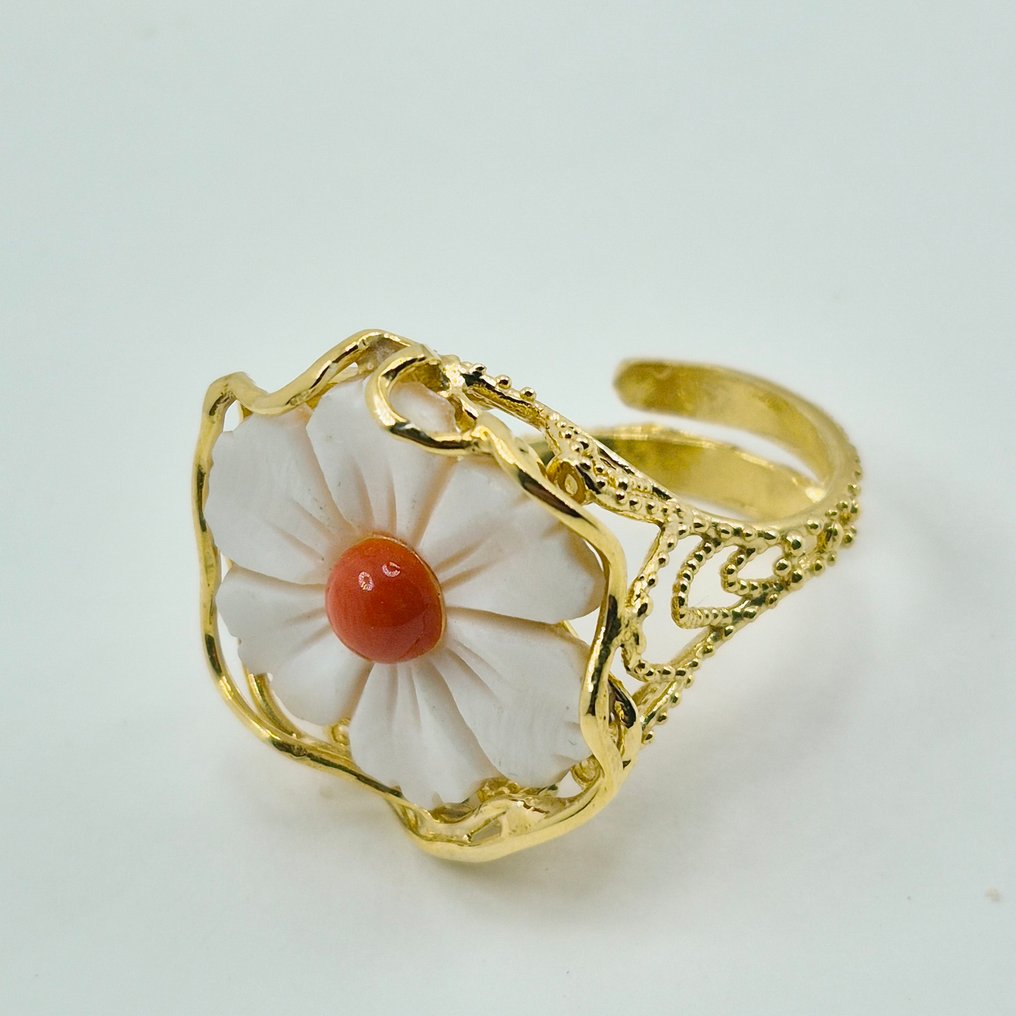 紅珊瑚 - 銀, 鍍金 - 戒指 - 意大利的海玛珂和珊瑚 #1.0