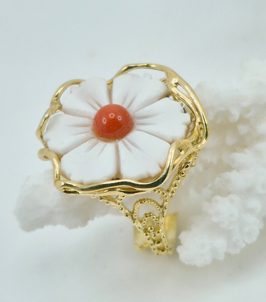 紅珊瑚 - 銀, 鍍金 - 戒指 - 意大利的海玛珂和珊瑚 #4.3