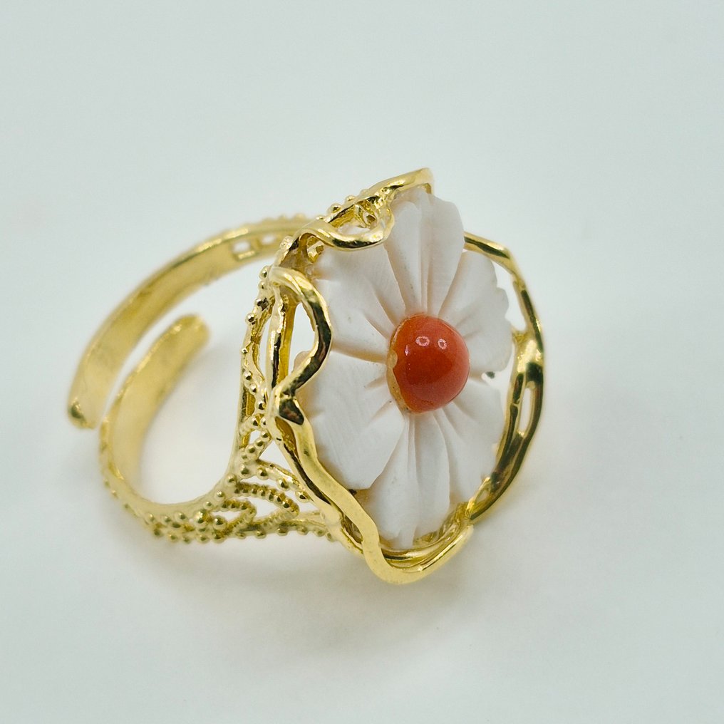 紅珊瑚 - 銀, 鍍金 - 戒指 - 意大利的海玛珂和珊瑚 #2.1