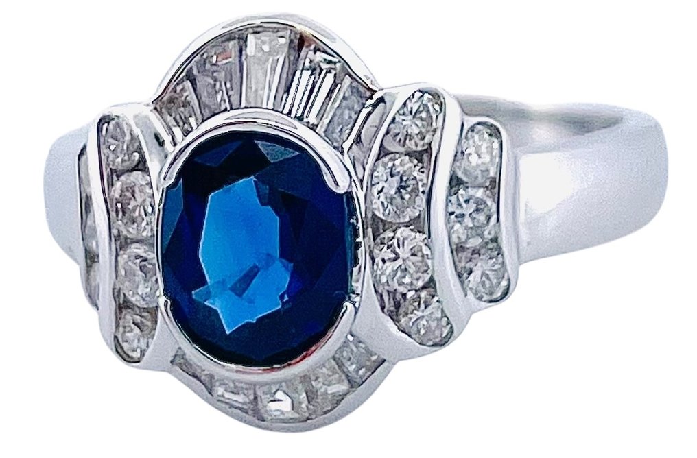 戒指 - 18K包金 白金 蓝宝石 - 钻石 #2.1