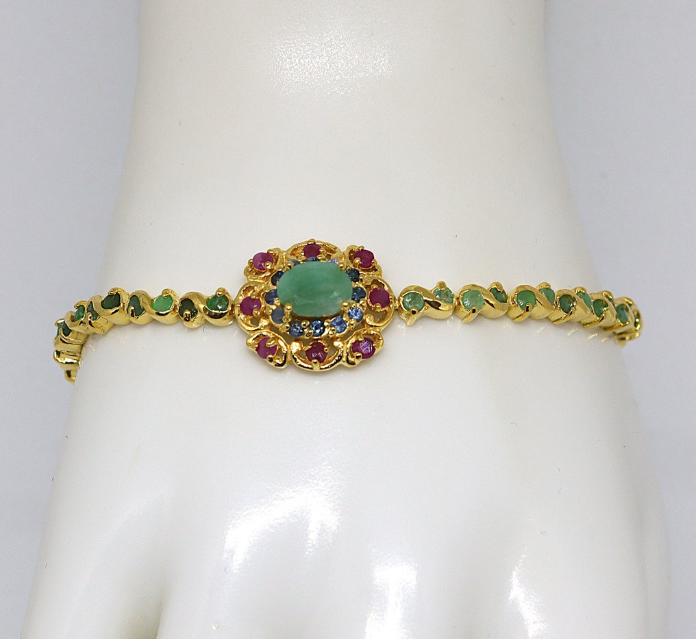 没有保留价 - 手镯 银 -  3.80ct. tw. 祖母绿 - 混合宝石 - 红宝石，蓝宝石， #1.0