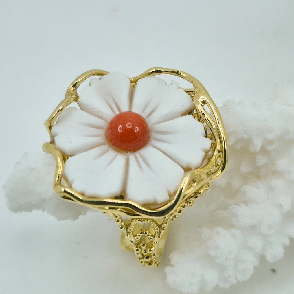 紅珊瑚 - 銀, 鍍金 - 戒指 - 意大利的海玛珂和珊瑚 #1.0