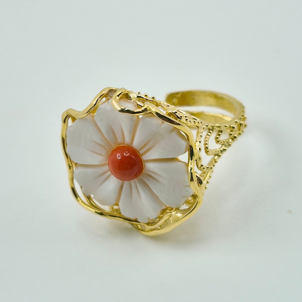 紅珊瑚 - 銀, 鍍金 - 戒指 - 意大利的海玛珂和珊瑚 #3.2
