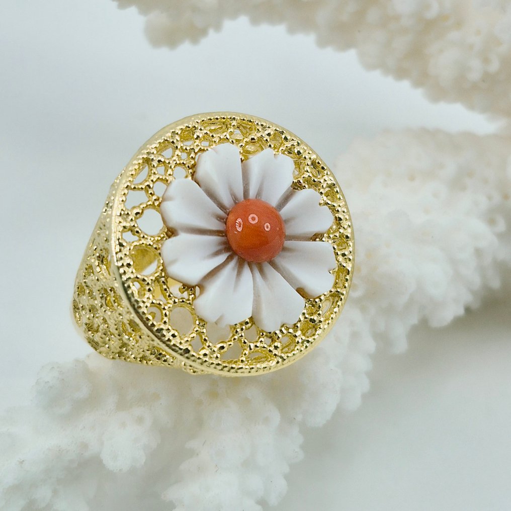 Κοράλλι αίματος - Ασημί, Gold-plated - Δαχτυλίδι - CAMMEO, Ιταλικό Κοράλλι #1.0