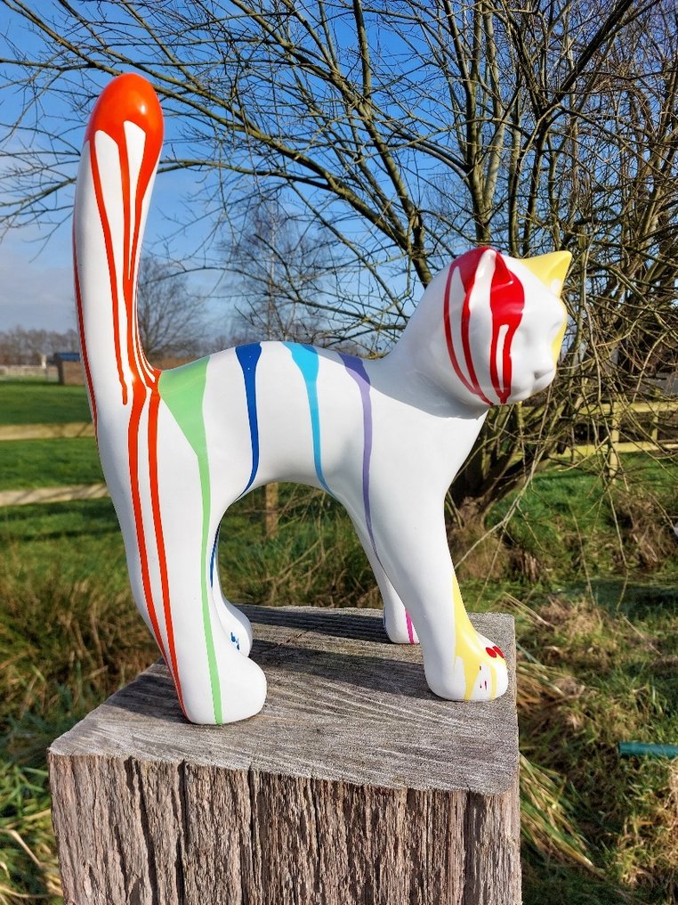 Staty, garden statue cat color white with paint color - 33 cm - polyresin #3.2