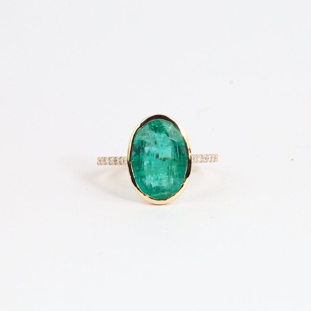 訂婚戒指 - 14 克拉 黃金 - 4.05ct. tw. 祖母綠 - 鉆石 - 椭圆切割 #1.0