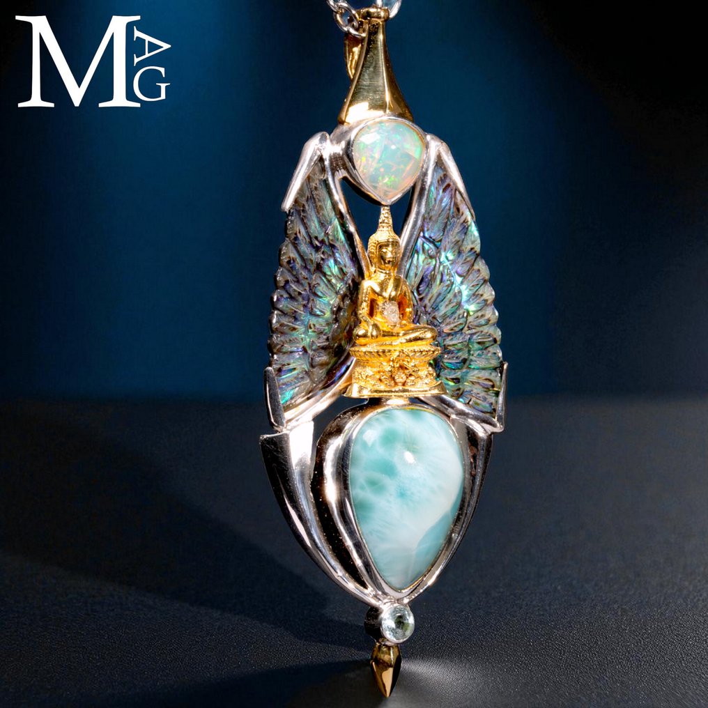 Srebrna biżuteria z Buddą, Larimarem, Opalem, Paua Shell i diamentem. - Wysokość: 82.5 mm - Szerokość: 31 mm- 25 g #3.2