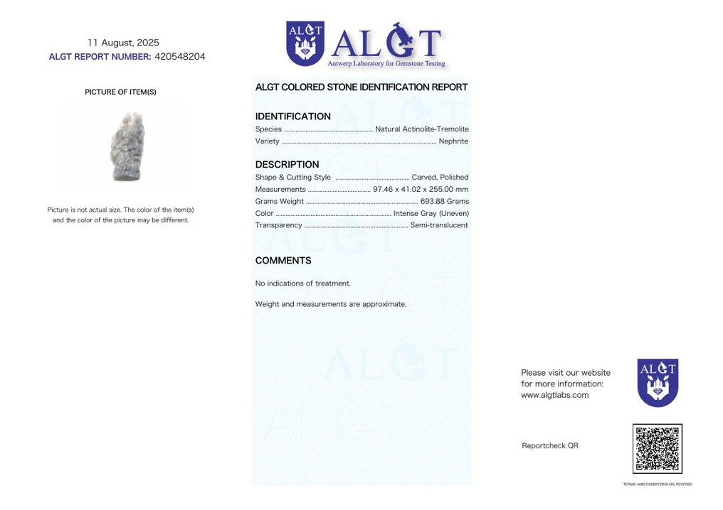 ALGT Certified - Huge and Masterful Natural Nephrite Jade - A vivid color, pure from the earth- 693.88 g #2.1