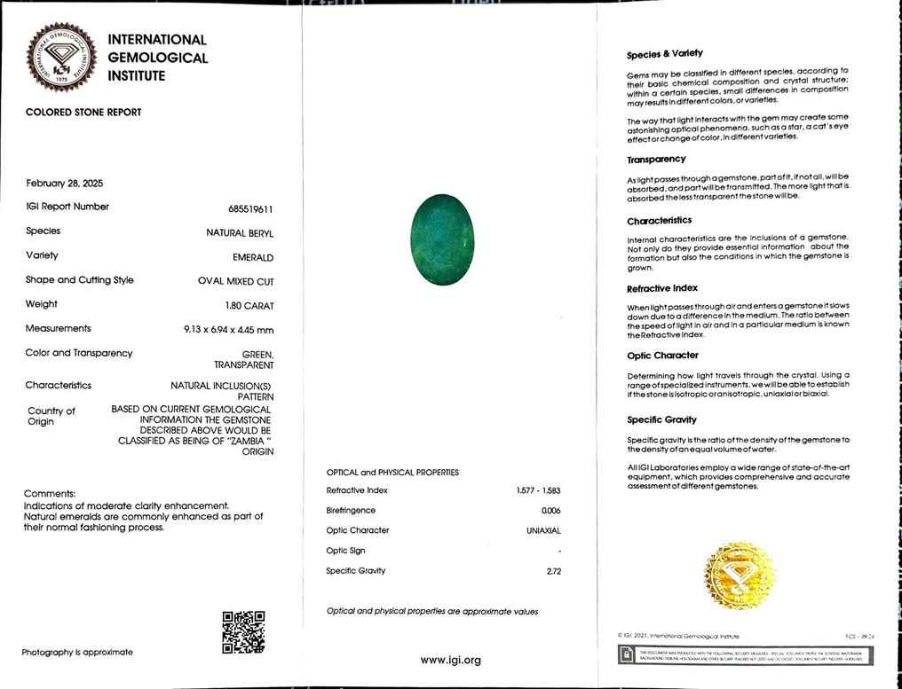 Nincs minimálár Smaragd - 1.80 ct - Nemzetközi Gemmológiai Intézet (IGI) #2.1