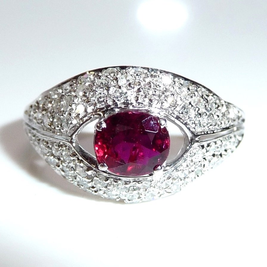 戒指 - 18K包金 白金 -  1.68ct. tw. 钻石 (天然)  - 红宝石 - 尺寸57可调节 #2.1