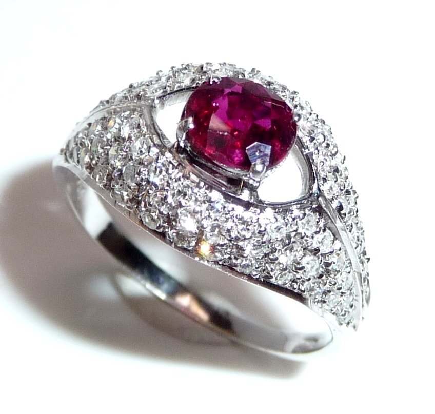 戒指 - 18K包金 白金 -  1.68ct. tw. 钻石 (天然)  - 红宝石 - 尺寸57可调节 #1.0