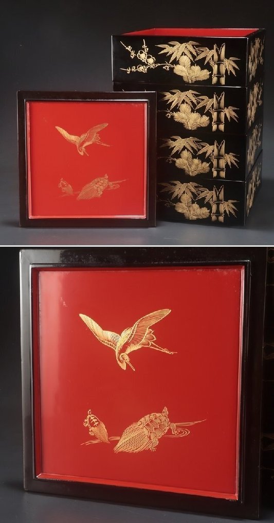 精美的轮岛漆 Jubako,镶嵌金银,饰有松竹梅图案 - 木, 漆 - 日本 - 1900-2000 #2.1