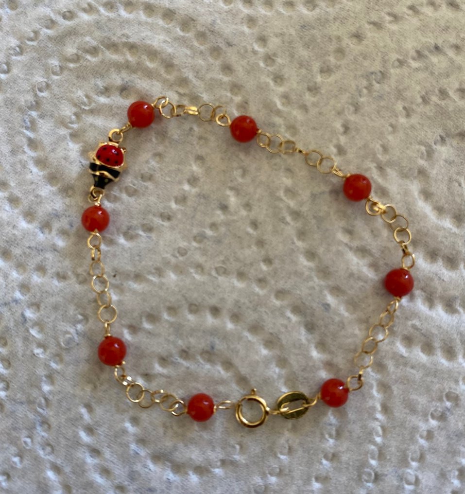 χωρίς τιμή ασφαλείας - Βραχιόλι - 18 καράτια Κίτρινο χρυσό Κοράλλι - Αληθινό βάπτισμα κοράλλι #4.3