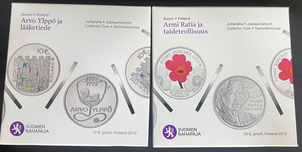 芬蘭. 10 Euro 2012 "Armi Ratia" + "Arvo Ylppo" (2 stuks) Proof  (沒有保留價) #1.0