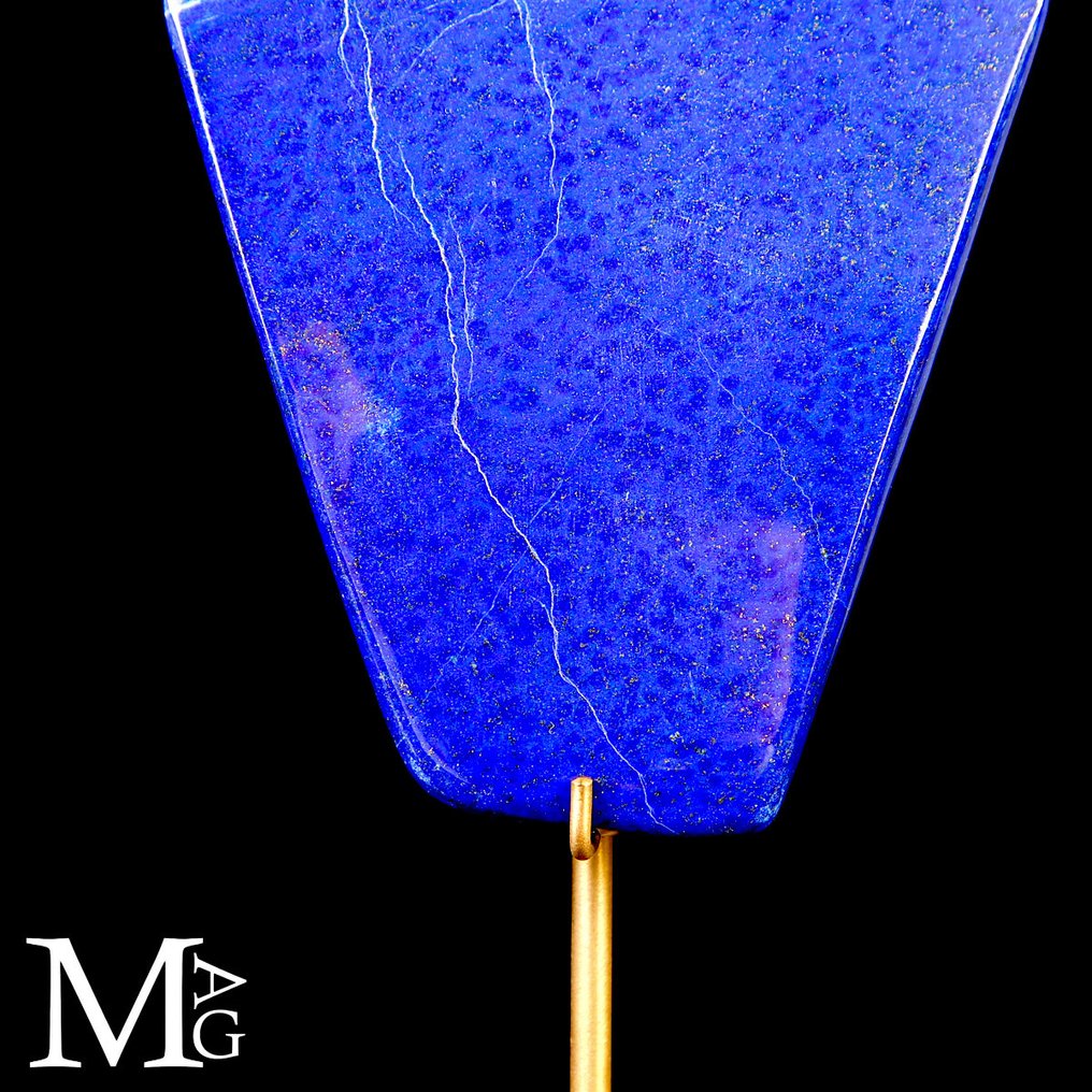 Hochwertige Lapislazuli-Scheibe auf Holz- und Messing-Kunstbasis - Natürliche tiefblaue Farbe - Höhe: 170 mm - Breite: 85 mm- 221 g #3.2