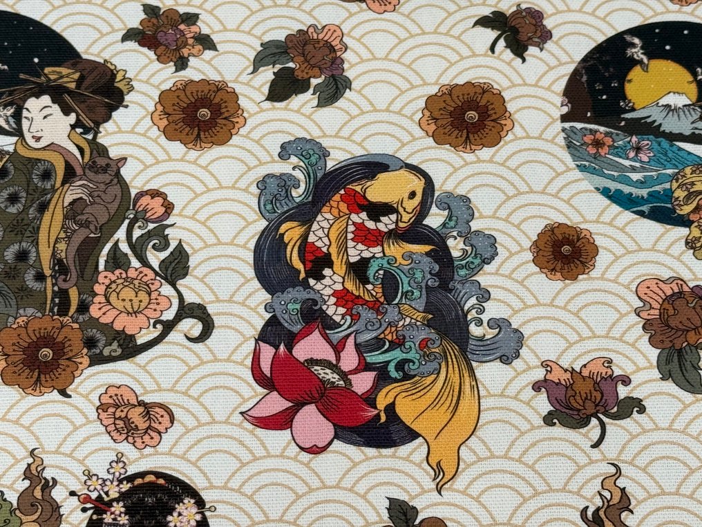 Geishe, Aaltoja ja kukkia: Itäisen runouden puuvillasta. - Verhoilukangas  - 5 m - 1.4 m #2.1