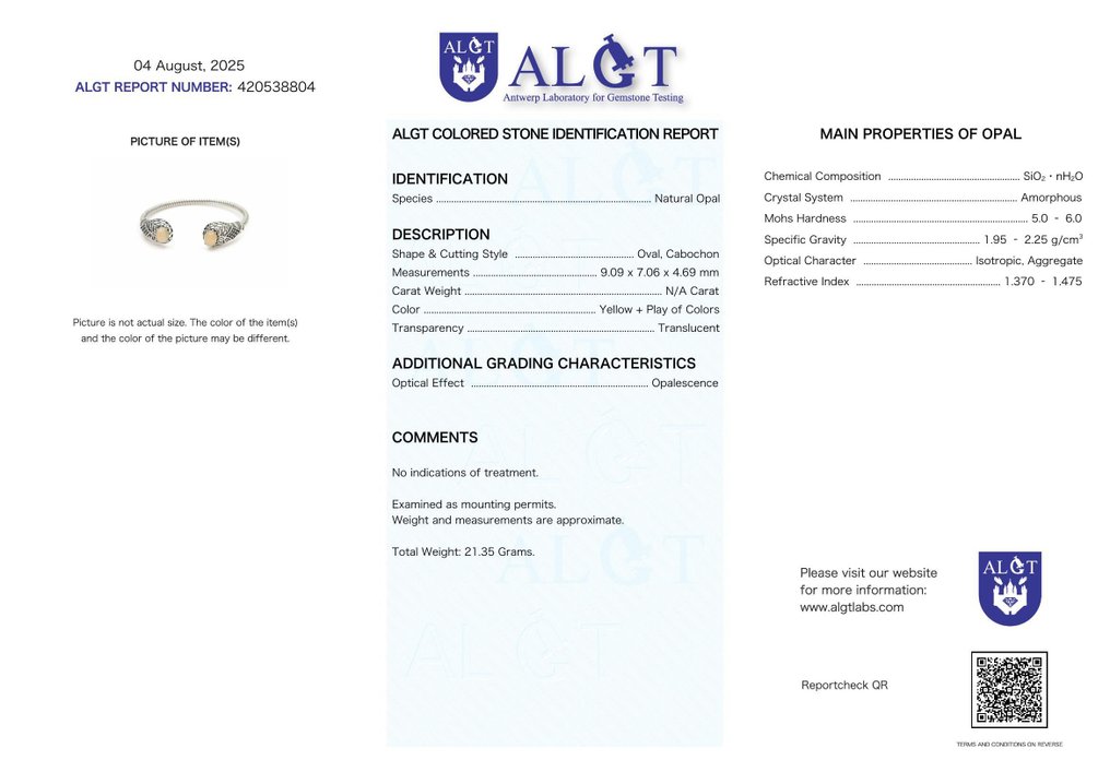 Fără preț de rezervă - Brățară Argint Opal - Opal - Certificată #2.1