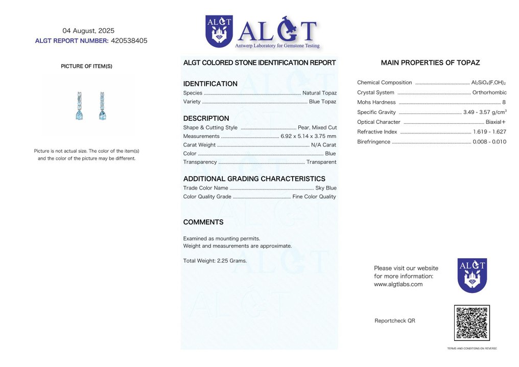 χωρίς τιμή ασφαλείας - Σκουλαρίκια Ασημί - 5.48ct. tw. Τοπάζιο - Topaz - Πιστοποιητικό #2.1