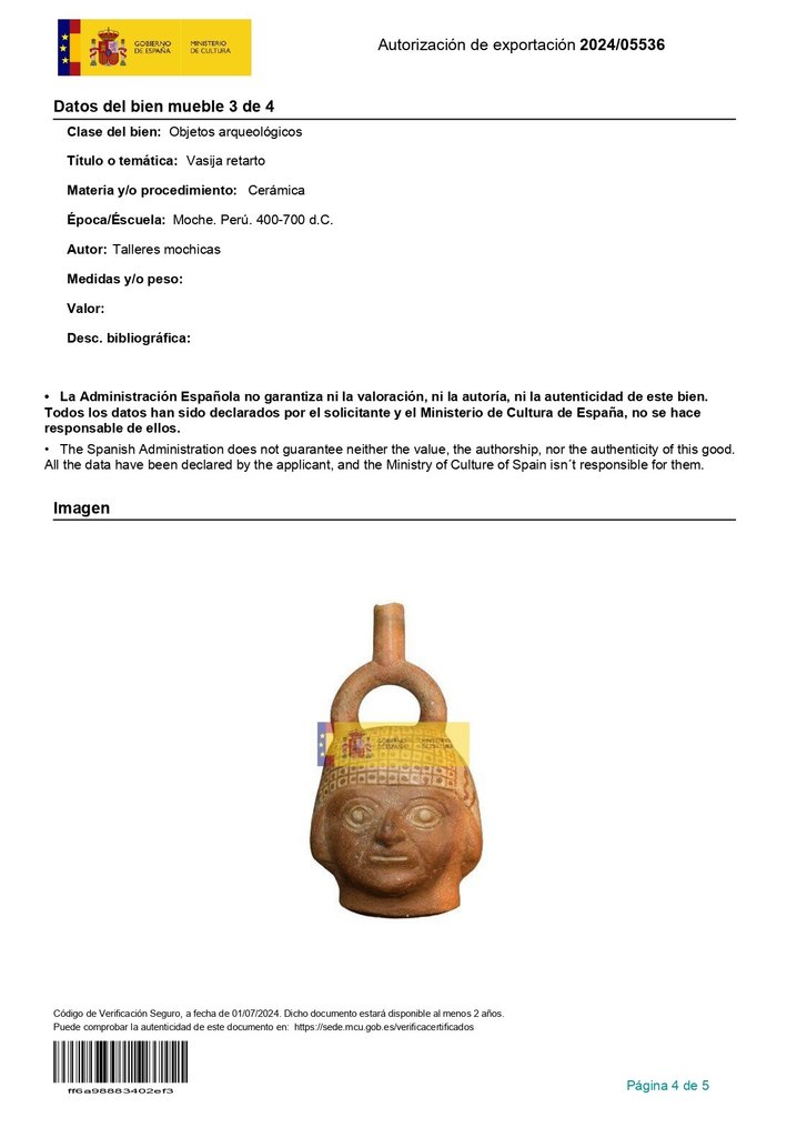Προ-Κολουμβιανός. Μοτσέ Κεραμικό αγγείο πορτρέτου με δοκιμή TL Με άδεια εξαγωγής Ισπανίας. #3.2