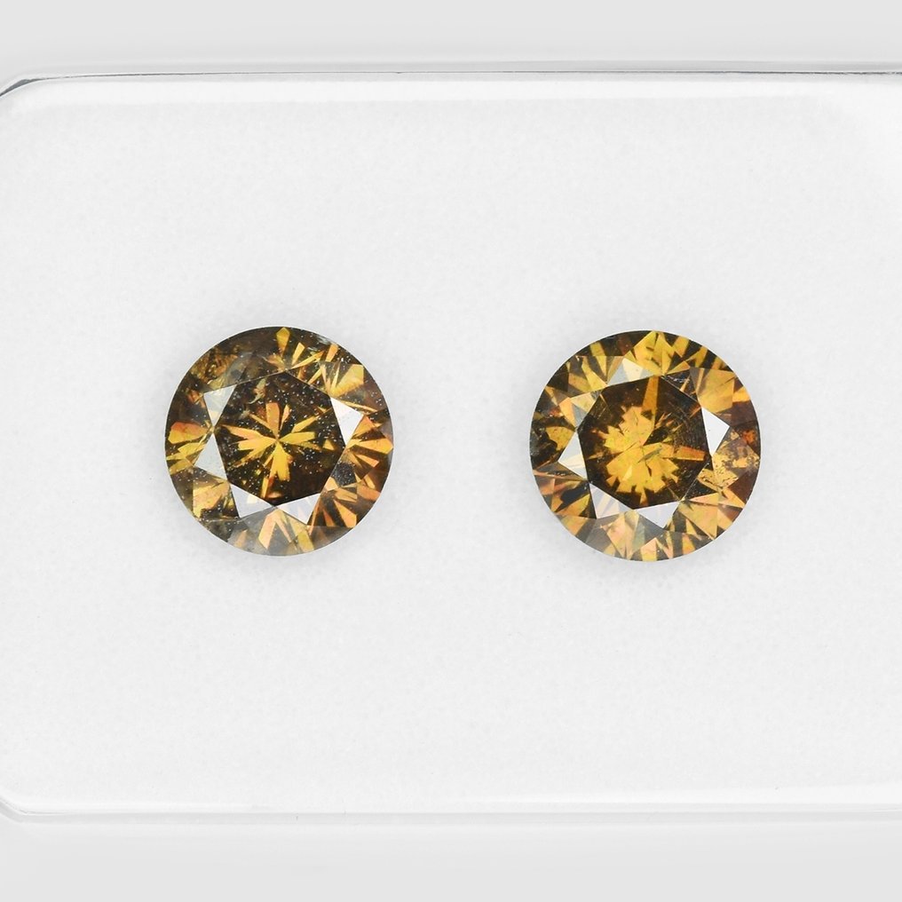 2 pcs Διαμάντι (Φυσικού χρώματος) - 0.94 ct - Στρογγυλό - Fancy deep Κιτρινωπό Καφέ, Κίτρινο - I1, I2 - Antwerp Laboratory for Gemstone Testing (ALGT) #1.0