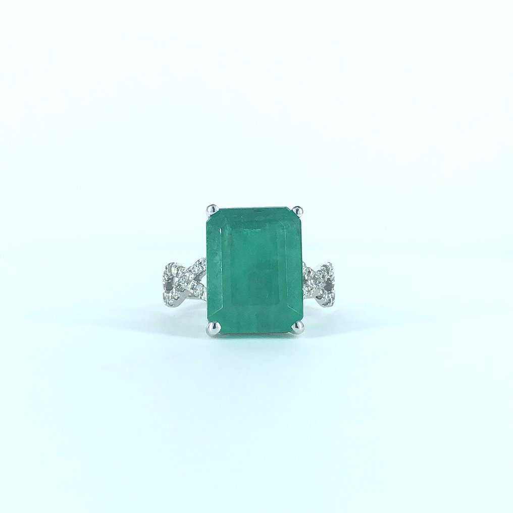 Zonder Minimumprijs - Ring - 14 karaat Witgoud -  8.24ct. tw. Smaragd - Diamant #1.0
